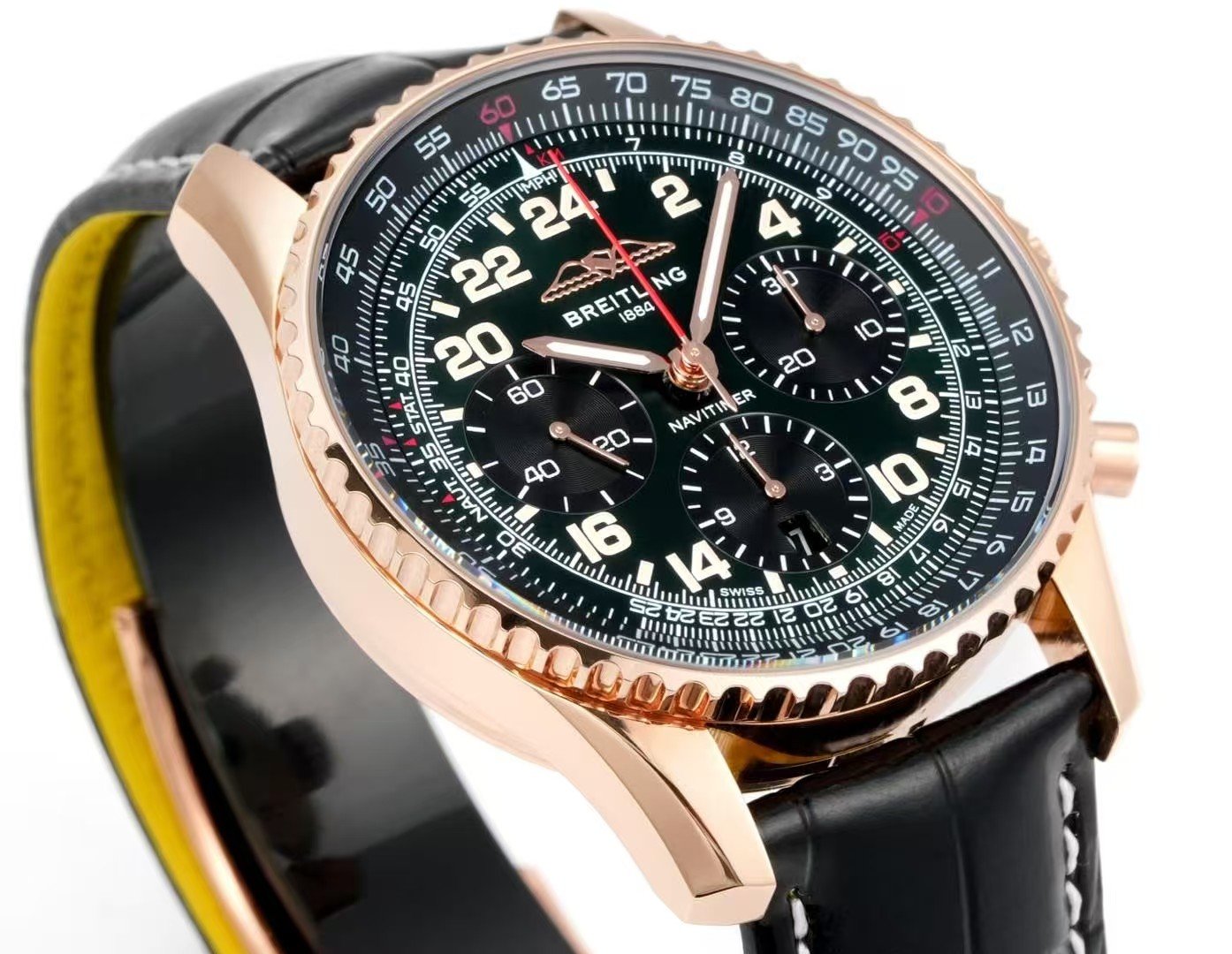 Breitling Navitimer Super Clone by BLS Factory — Rose-Gold Case, Green Dial, Black Leather Strap - Image 6