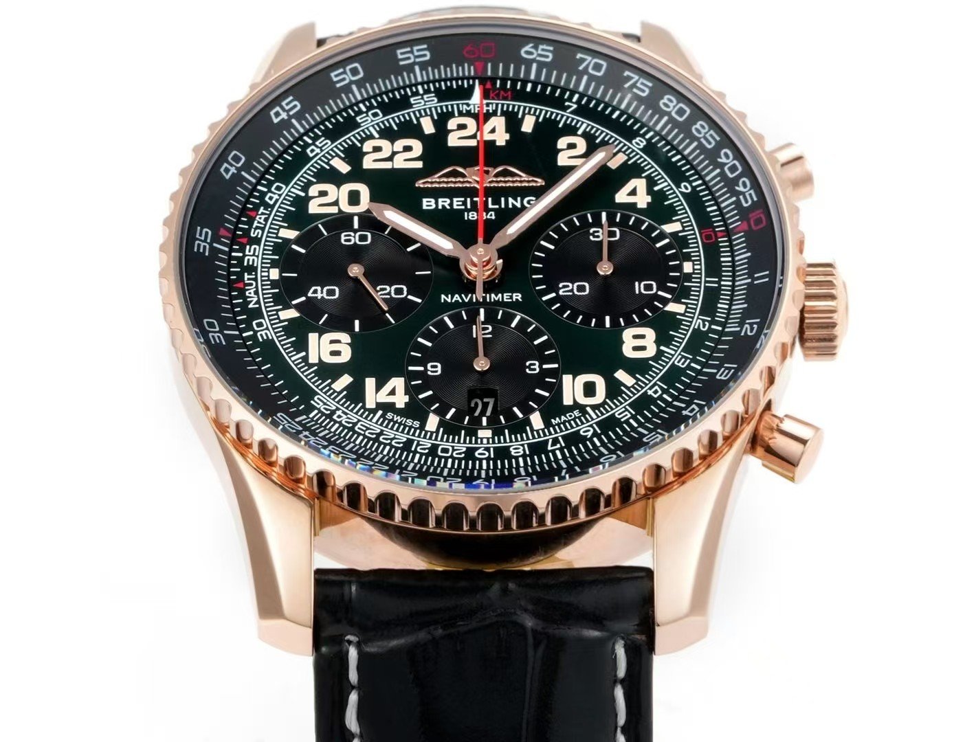 Breitling Navitimer Super Clone by BLS Factory — Rose-Gold Case, Green Dial, Black Leather Strap - Image 4