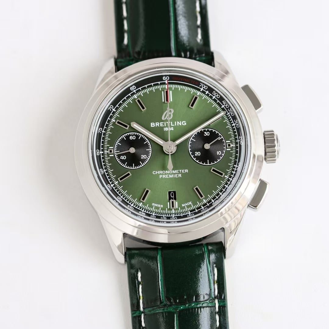 Super Clone Breitling Premier Chronograph 42 Green Dial Stainless Steel Green Leather BLS Factory