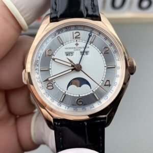Super Clone Vacheron Constantin Fiftysix 4000E/000R-B438 40mm Silver Complete Calendar Dial Pink Gold Case Leather Strap TW Factory