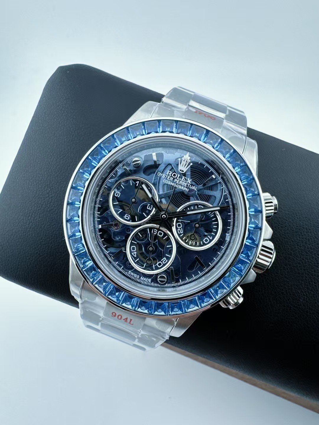 Custom Super Clone Daytona – Blue Sapphire-Style Bezel × Transparent Skeleton Dial (Modified Build, China) - Image 4