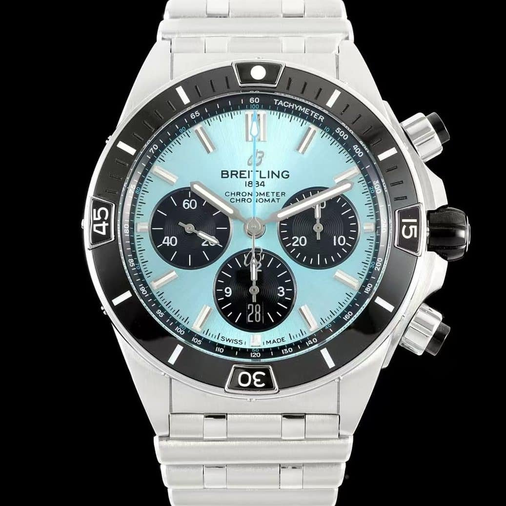 Super Clone Breitling Chronomat 42 Ice Blue Dial Black Subdials Stainless Steel Pilot Bracelet BS Factory
