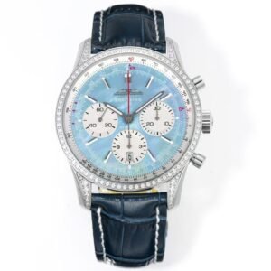 Breitling Navitimer Super Clone by VS Factory — Steel Case, Ice Blue Dial, Blue Leather Strap, Diamond Bezel