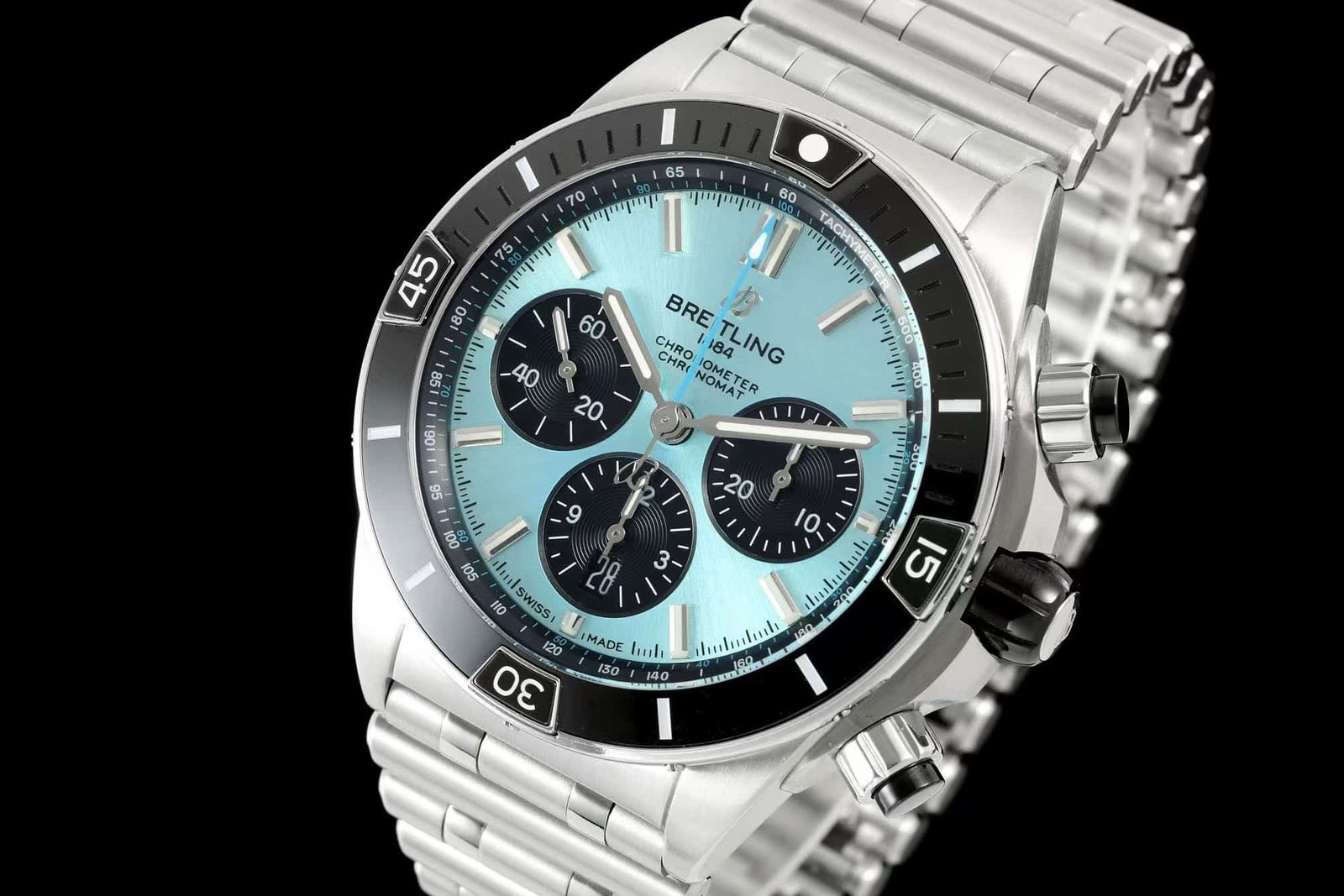 Super Clone Breitling Chronomat 42 Ice Blue Dial Black Subdials Stainless Steel Pilot Bracelet BS Factory - Image 4