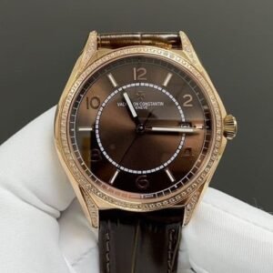 Super Clone Vacheron Constantin Fiftysix 4600E/000A-B402 40mm Brown Dial Diamond Bezel Pink Gold Case Leather Strap TW Factory