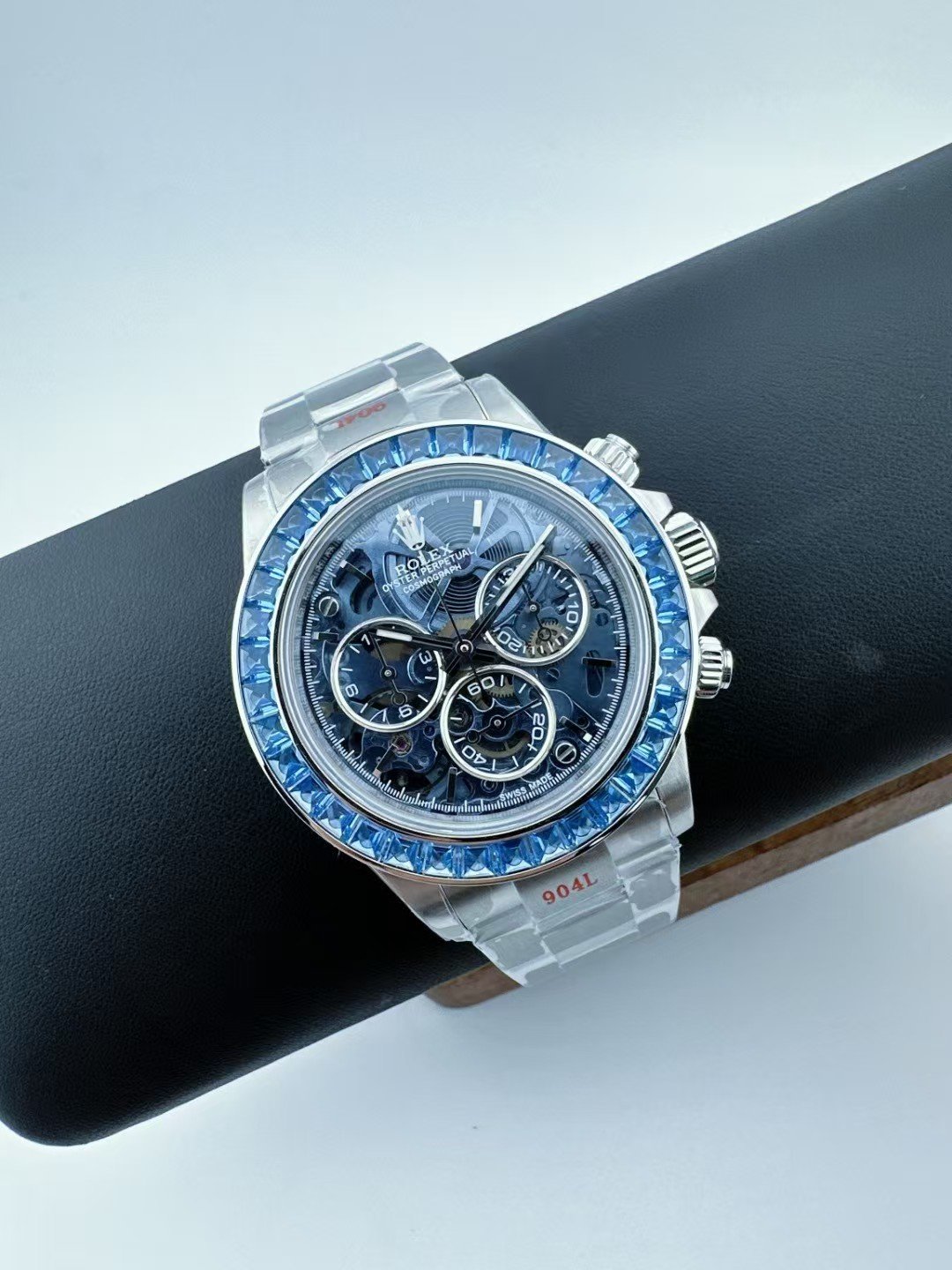Custom Super Clone Daytona – Blue Sapphire-Style Bezel × Transparent Skeleton Dial (Modified Build, China) - Image 5