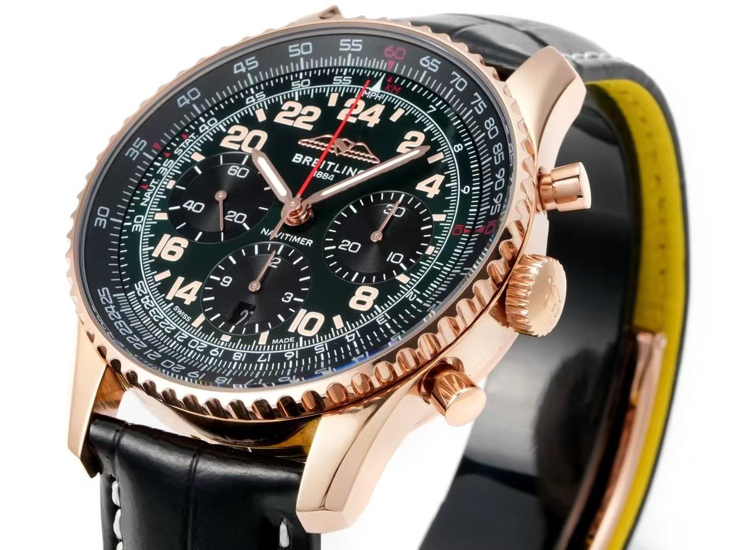 Breitling Navitimer Super Clone by BLS Factory — Rose-Gold Case, Green Dial, Black Leather Strap - Image 5
