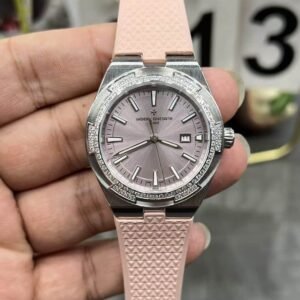 Super Clone Vacheron Constantin Overseas Lady 33mm Pink Dial Diamond Bezel Pink Rubber Strap BBS Factory