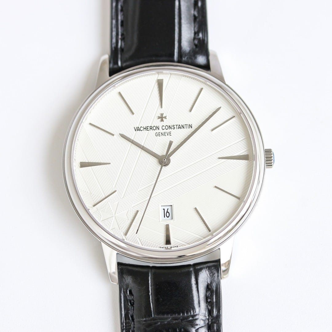 Super Clone Vacheron Constantin Patrimony 40mm Silver Engraved Dial White-Gold Case Black Leather Strap MKS Factory