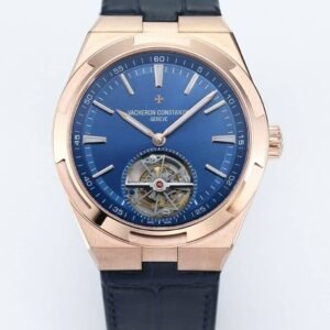 Super Clone Vacheron Constantin Overseas Tourbillon 42.5mm Blue Dial Rose Gold Leather Strap BBS Factory