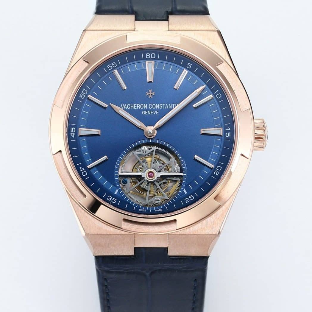 Super Clone Vacheron Constantin Overseas Tourbillon 42.5mm Blue Dial Rose Gold Leather Strap BBS Factory