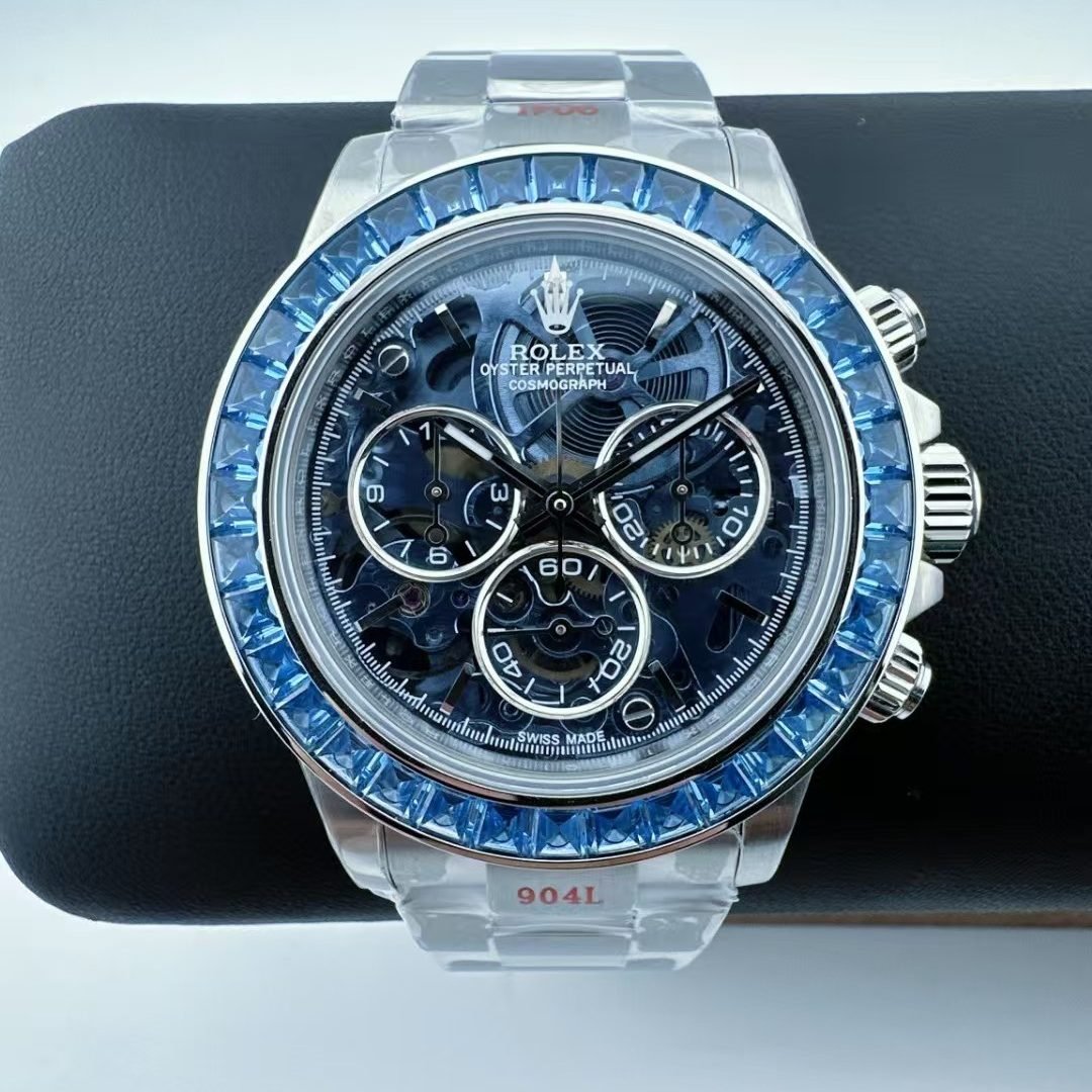 Custom Super Clone Daytona – Blue Sapphire-Style Bezel × Transparent Skeleton Dial (Modified Build, China)