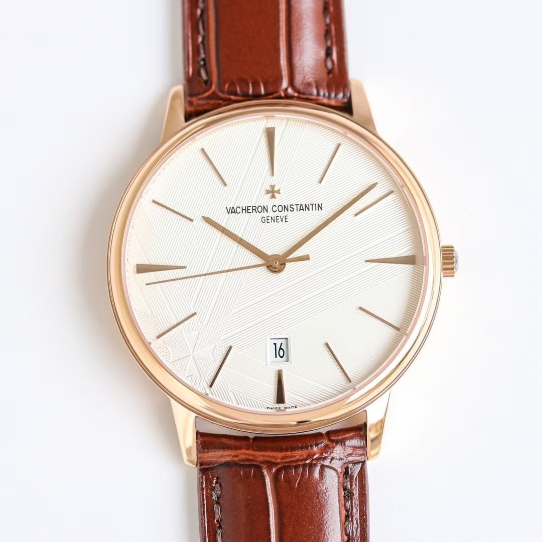 Super Clone Vacheron Constantin Patrimony 40mm Silver Engraved Dial White-Gold Case Black Leather Strap MKS Factory - Image 5