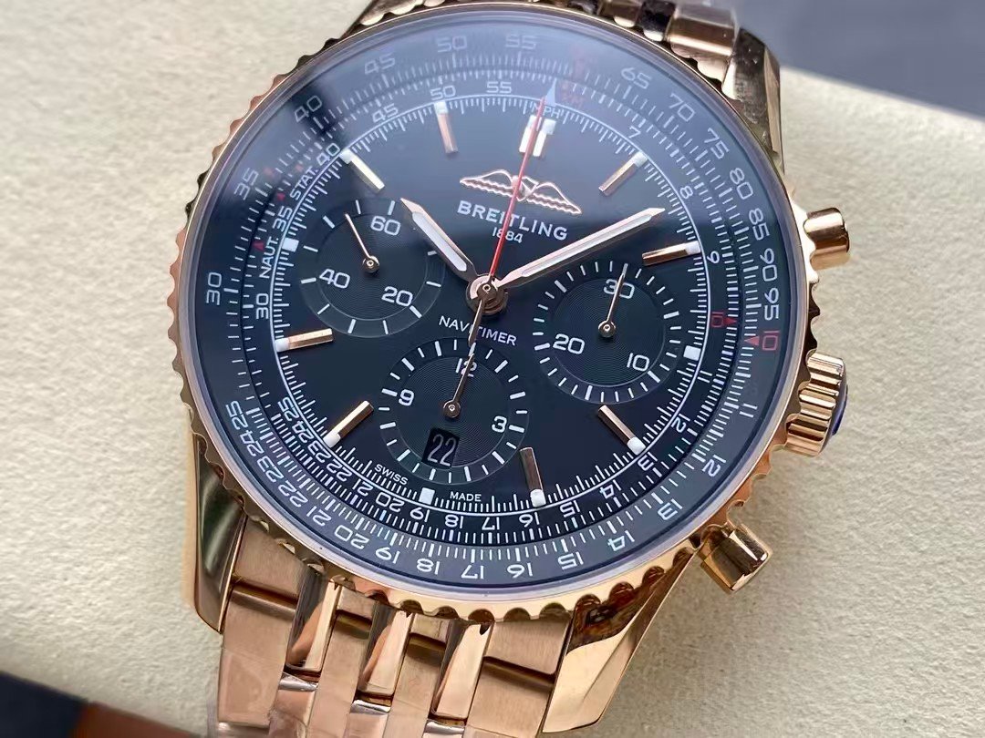 Super clone Navitimer rose-gold toned chronograph on a full metal bracelet 43mm - Image 4