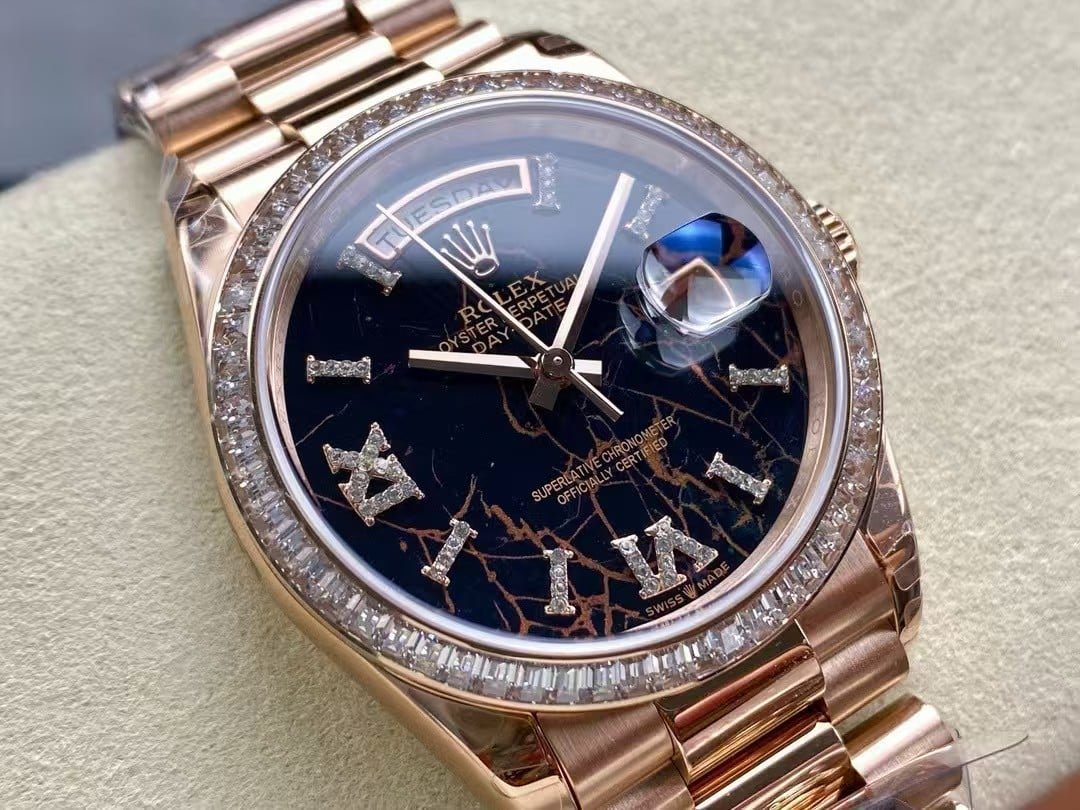 Day-Date 40 Style – Black Marble Dial + Diamond Roman + Diamond Bezel (8+ Factory, China Super Clone) - Image 3