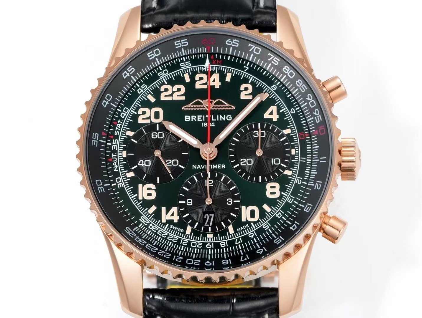 Breitling Navitimer Super Clone by BLS Factory — Rose-Gold Case, Green Dial, Black Leather Strap - Image 3