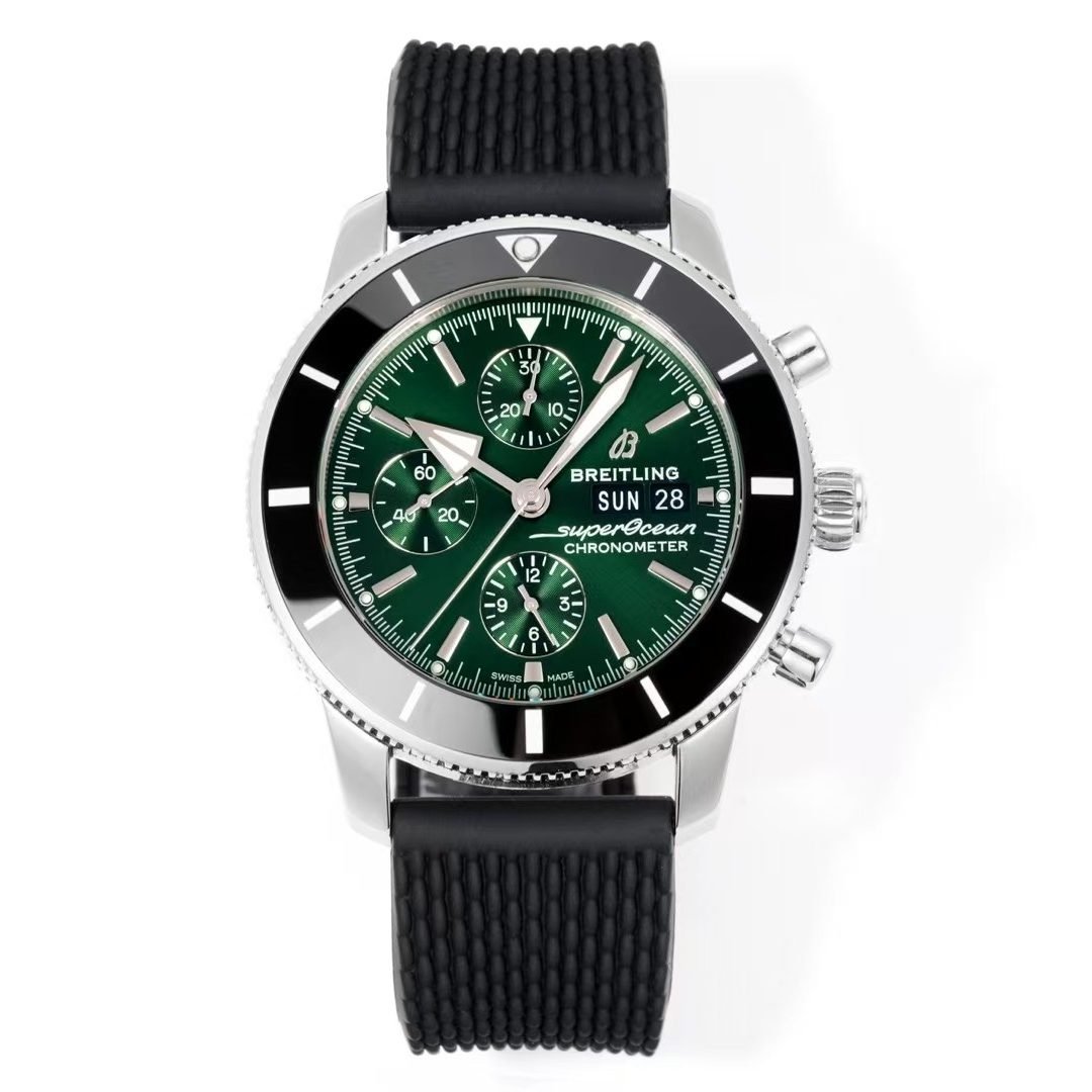 Super Clone Breitling Superocean Heritage II Chronograph 44 Green Dial Black Bezel Rubber Strap BLS Factory China Replica Edition