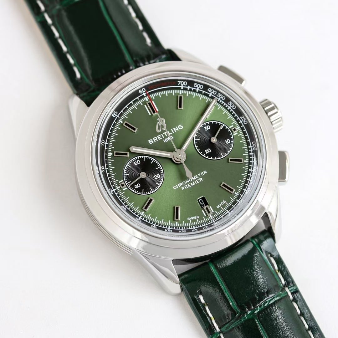 Super Clone Breitling Premier Chronograph 42 Green Dial Stainless Steel Green Leather BLS Factory - Image 3