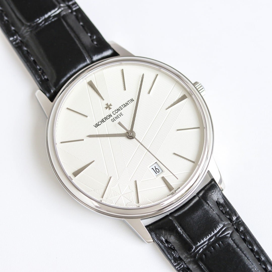 Super Clone Vacheron Constantin Patrimony 40mm Silver Engraved Dial White-Gold Case Black Leather Strap MKS Factory - Image 3