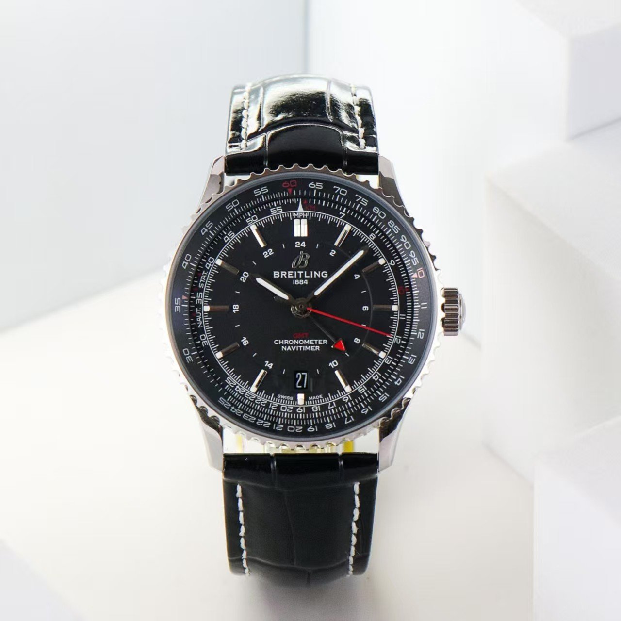 Breitling Navitimer Super Clone by BLS Factory — Steel Case, Black Dial, Black Leather Strap