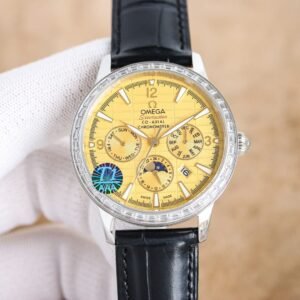 Super Clone Omega Seamaster Co-Axial Multi-Calendar 41mm Gold Dial Steel Case Leather Strap T1 Factory