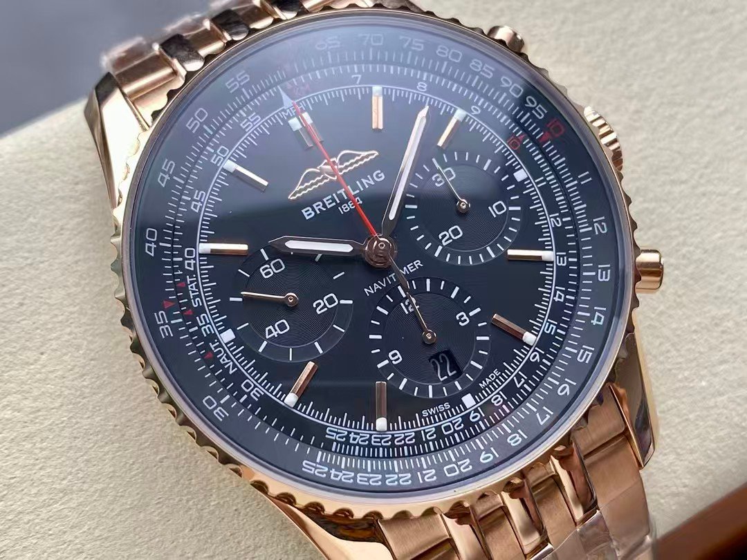 Super clone Navitimer rose-gold toned chronograph on a full metal bracelet 43mm - Image 3